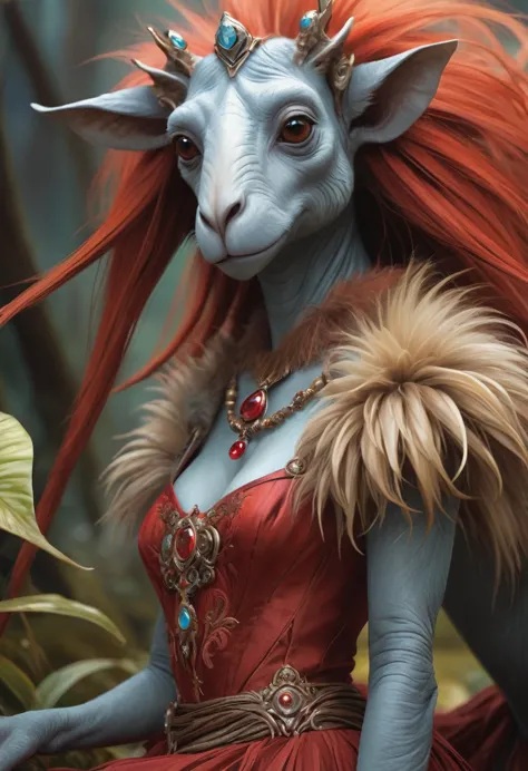 brian froud inspired beautiful humanoid creature. cross between a wholly mammoth and a kangaroo. copper red fur. female. friendl...