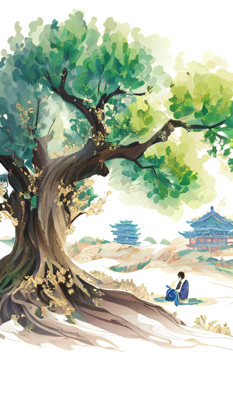 painting of a man sitting under a tree with a book, korean artist, reading under the tree, inspired by han yonghao, by pu hua, a...