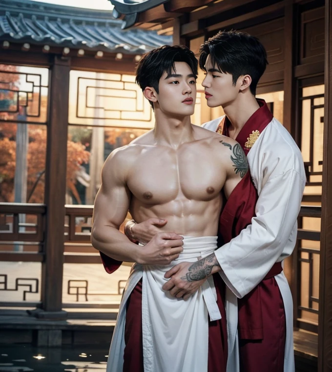 2 Handsome chinese guys kissing, have a date, smilling at each other, butts naked , show the ads, 20 years old,hug, cuddle, touching lips, skin ship, romantic,  body leanning ,Asian, chinese hansome actor, kpop idol, handsome male model,manly, master work, best picture quality, higher quality, high detail, super high resolution, 8k resolution, perfect eyes, perfect skin, manly jawline, manly chin, perfect hands, big  chest muscles,  bare chest, big juicy butts, tattoos chest, tattoo hands, tattoo legs, tattoo back, tattoo arms,earings, ancient pendents,  braceles, glowing eyes, short hair, hair details, detailed background , open Hanfu transparent (see throught), super sexy loincloth, naked chest , Chinese garden background, Chinese kung fu, dragon-themed costumes, monk robes, spinning floating particles, chinese temple in background,