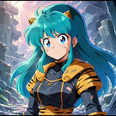 ((lum)), solo, blue-green hair, dirty aqua hair, (solo), bangs, long hair, blue eyes, dirty face, blood on the face, score_9, sc...