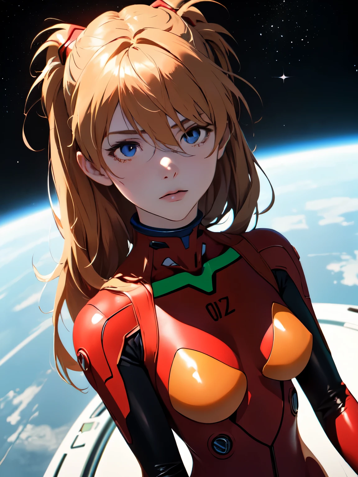 (masterpiece, highest quality), One girl, Beautiful Face, Beautiful body, souryuu_Asuka_Langley, Plug Suit, Bodysuits, Interface Headset, red Bodysuits, Hair between the eyes, Pilot Suit,((Show your whole body:1.5)), The background is space (Amazing details, Excellent lighting, Wide-angle)