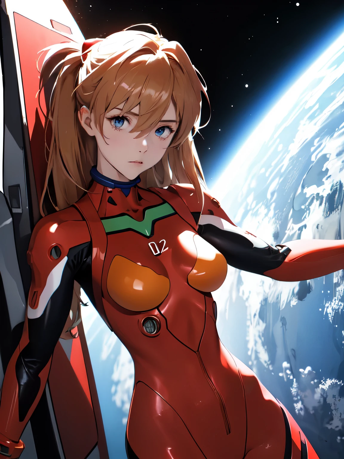 (masterpiece, highest quality), One girl, Beautiful Face, Beautiful body, souryuu_Asuka_Langley, Plug Suit, Bodysuits, Interface Headset, red Bodysuits, Hair between the eyes, Pilot Suit,((Show your whole body:1.5)), The background is space (Amazing details, Excellent lighting, Wide-angle)