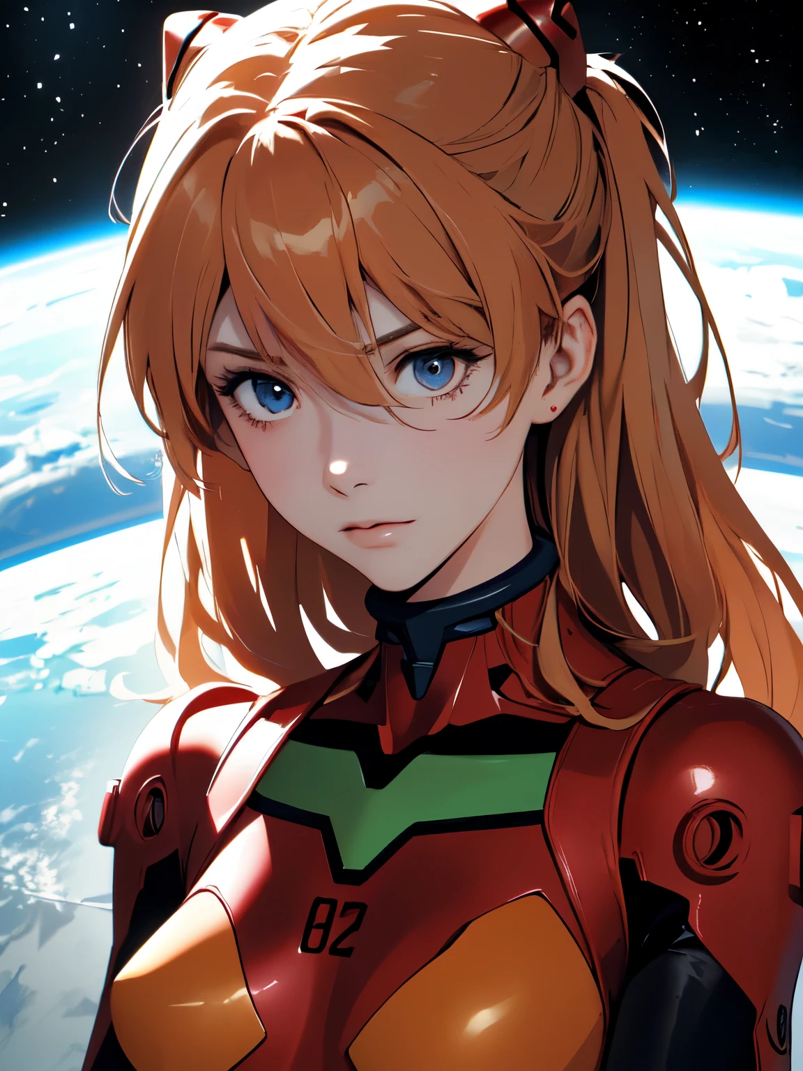 (masterpiece, highest quality), One girl, Beautiful Face, Beautiful body, souryuu_Asuka_Langley, Plug Suit, Bodysuits, Interface Headset, red Bodysuits, Hair between the eyes, Pilot Suit,((Show your whole body:1.5)), The background is space (Amazing details, Excellent lighting, Wide-angle)