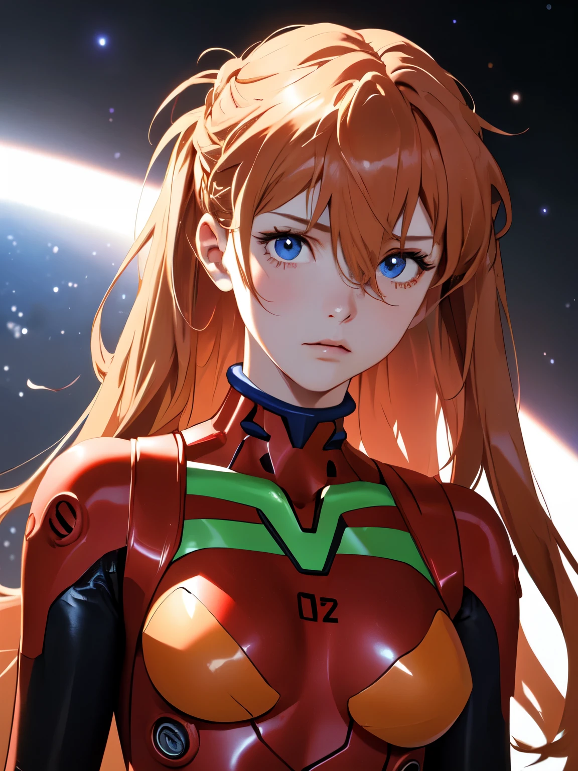 (masterpiece, highest quality), One girl, Beautiful Face, Beautiful body, souryuu_Asuka_Langley, Plug Suit, Bodysuits, Interface Headset, red Bodysuits, Hair between the eyes, Pilot Suit,((Show your whole body:1.5)), The background is space (Amazing details, Excellent lighting, Wide-angle)