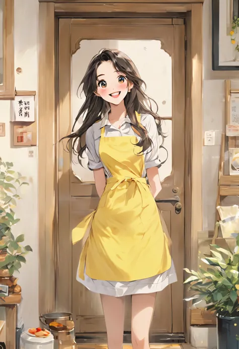 masterpiece、Mastepiece、22 year old anime girl、smile、Long Hair、Clear eyes、Apply lipstick、Adult women、Wear a yellow apron、Apron wi...