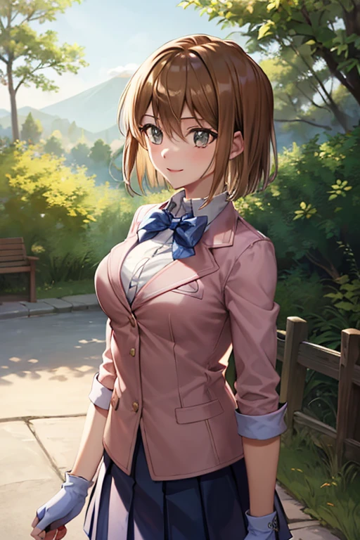 masterpiece, best quality, highres, 1girl, solo, aamazaki, (antenna hair:1.2), medium breasts, blue bowtie, pink jacket, blazer, long sleeves, blue skirt, pleated skirt, ta1, white jacket, sleeveless, blue skirt, fingerless gloves, large breasts, happy, cowboy shot, outdoors, forest 