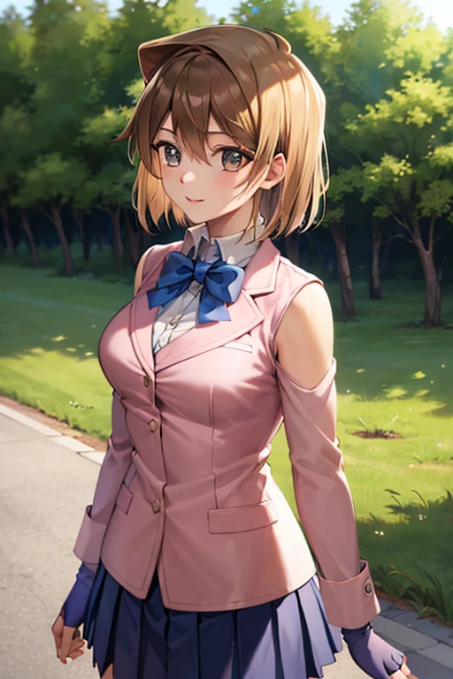 masterpiece, best quality, highres, 1girl, solo, aamazaki, (antenna hair:1.2), medium breasts, blue bowtie, pink jacket, blazer, long sleeves, blue skirt, pleated skirt, ta1, white jacket, sleeveless, blue skirt, fingerless gloves, large breasts, happy, cowboy shot, outdoors, forest 