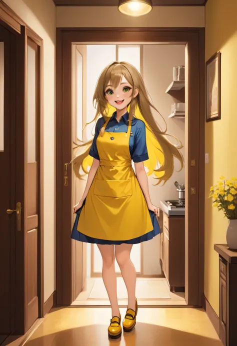 masterpiece、Mastepiece、22 year old anime girl、smile、Long Hair、Clear eyes、Apply lipstick、Adult women、Wear a yellow apron、Apron wi...