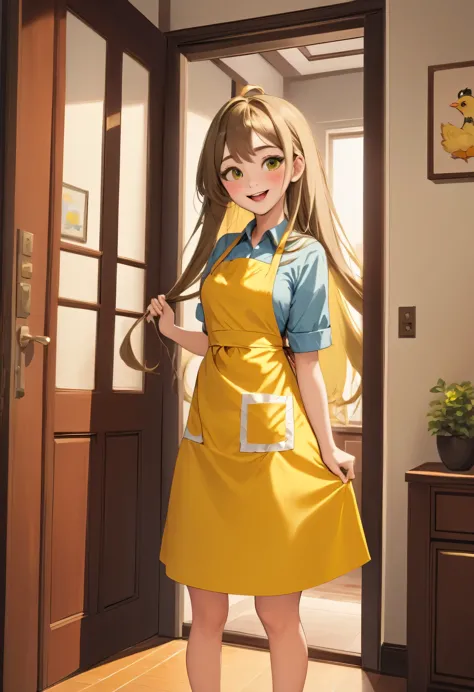masterpiece、Mastepiece、22 year old anime girl、smile、Long Hair、Clear eyes、Apply lipstick、Adult women、Wear a yellow apron、Apron wi...