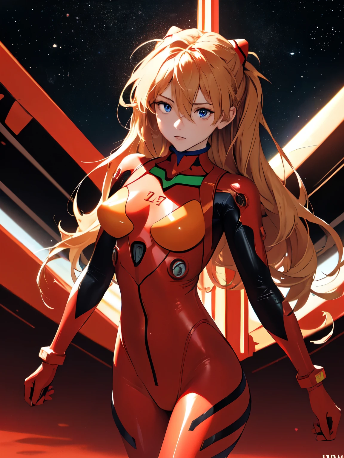 (masterpiece, highest quality), One girl, Beautiful Face, Beautiful body, souryuu_Asuka_Langley, Plug Suit, Bodysuits, Interface Headset, red Bodysuits, Hair between the eyes, Pilot Suit,((Show your whole body:1.5)), The background is space (Amazing details, Excellent lighting, Wide-angle), Cowboy Shot