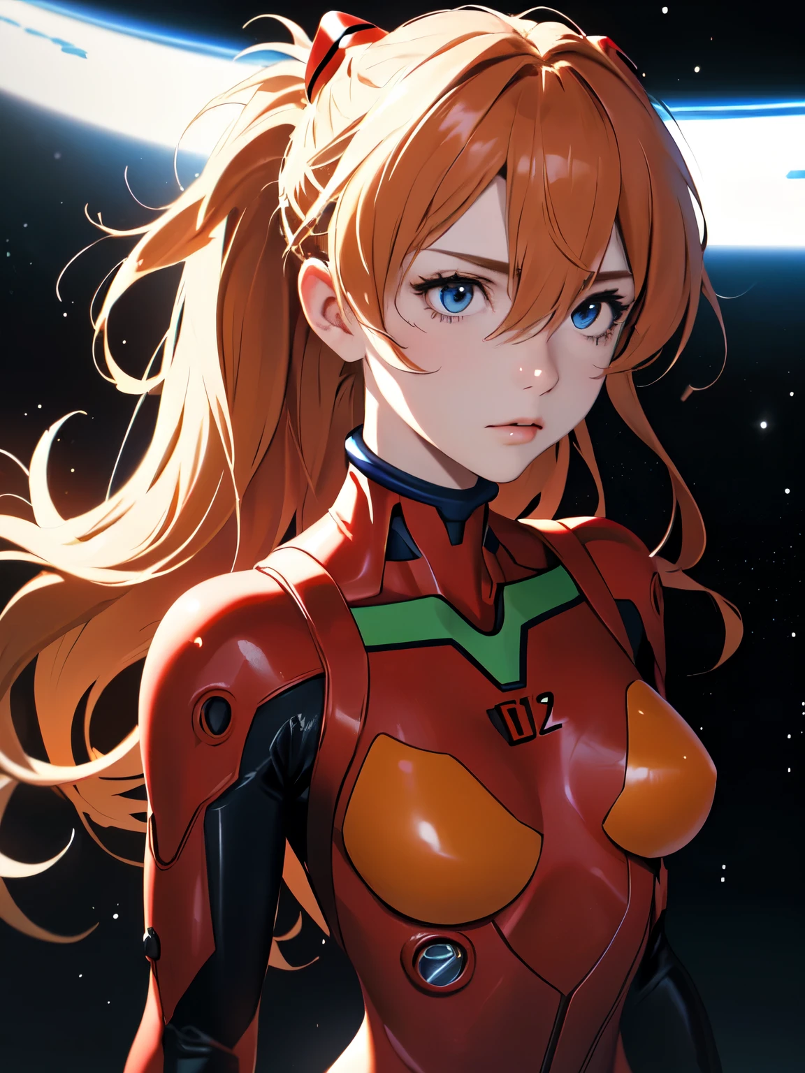 (masterpiece, highest quality), One girl, Beautiful Face, Beautiful body, souryuu_Asuka_Langley, Plug Suit, Bodysuits, Interface Headset, red Bodysuits, Hair between the eyes, Pilot Suit,((Show your whole body:1.5)), The background is space (Amazing details, Excellent lighting, Wide-angle), Cowboy Shot