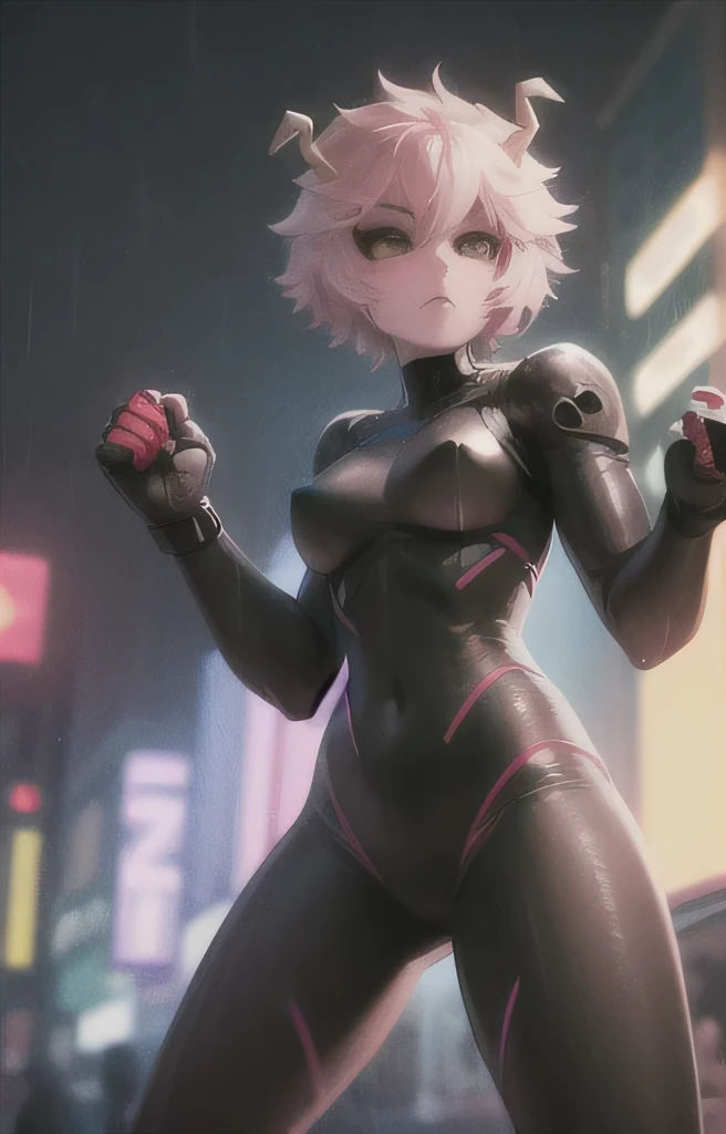 front, 1girl, pink hair, short pink hair, bright pink skin, black sclera, small horns (yellow), tired look, medium breasts, plug suit (black), plug holes on limbs, tight fit, curves, fist in air, fight stance, rain, rain drops, street, cyberpunk, cyborg arm, cyborg hand, night time, neon lights, wet hair, glistening suit, glistening skin,