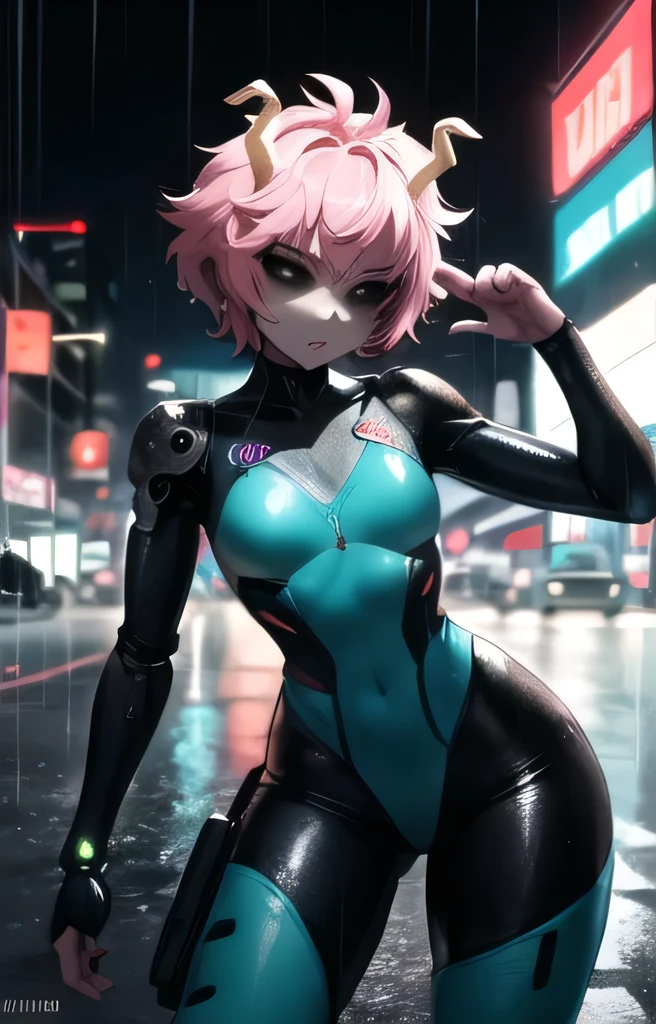 front, 1girl, pink hair, short pink hair, bright pink skin, black sclera, small horns (yellow), tired look, medium breasts, plug suit (black), plug holes on limbs, tight fit, curves, fist in air, fight stance, rain, rain drops, street, cyberpunk, cyborg arm, cyborg hand, night time, neon lights, wet hair, glistening suit, glistening skin,