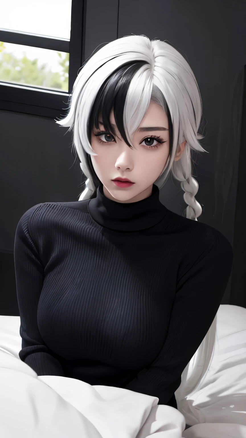 Realism、Blatant、17-year-old girl、Wear a black turtleneck sweater，Face enhancement，Big breasts zoom，Emphasize cleavage，Looking from the bottom up，White hair，Black Hair，Colorful Hair，short hair，Straight Hair，Long braids，Glowing red eyes，Red X pupil，blush，Red lips，Sexy，Sitting on the bed，Open your mouth、Hold the back of your head with both hands、Wearing a turtleneck sweater，Sweaty face