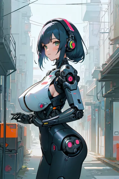 Anime girl in black and white outfit with headphones, BoobsCyberpunk, Biomechanical , Perfect android girl, Cyberpunk Anime Girl...