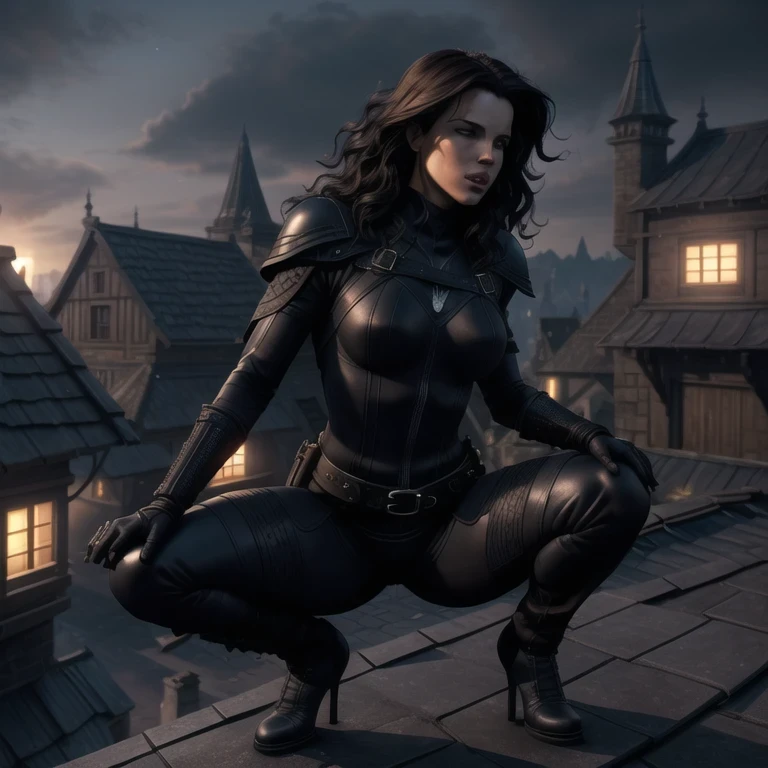 ((ultra intricate details, digital art style, airbrushed)), (sexy squatting pose), (Kate Beckinsale (27 anos), de corpo inteiro), (night:1.2)), professional full body shot, close up of a sexy female thief standing on a roof top in a medieval village at night, (jennifer connely:1.1)|(emma watson:0.7), (long black wavy hair:1.3), (skintight leather outfit:1.2), (military harness1.2), slate rooftops, lanterns, dramatic cinematic lighting, soft edge lighting, backlit, high contrast, deep (shadows:1.5), warm vibrant colors, cinematic inspired by wrath of the titans|the lord of the rings|the void|the witcher 3,