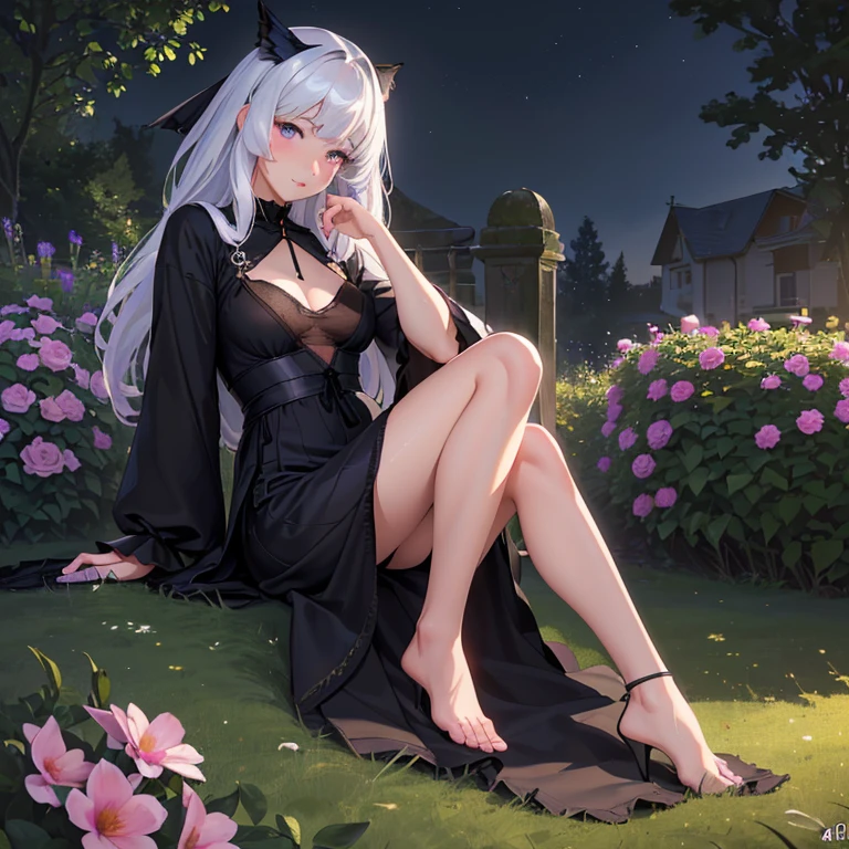 (best quality,4k,8k,highres,masterpiece:1.2),ultra-detailed,(realistic,photorealistic,photo-realistic:1.37),illustration,soft lighting,a girl with white hair,deep purple eyes,glowing eyes,sitting down,barefoot,face blushing,in a garden at night,flowers.Black Silk，Black high heels