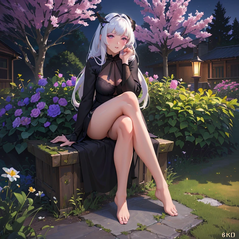 (best quality,4k,8k,highres,masterpiece:1.2),ultra-detailed,(realistic,photorealistic,photo-realistic:1.37),illustration,soft lighting,a girl with white hair,deep purple eyes,glowing eyes,sitting down,barefoot,face blushing,in a garden at night,flowers.Black Silk，Black high heels