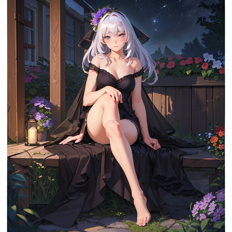 (best quality,4k,8k,highres,masterpiece:1.2),ultra-detailed,(realistic,photorealistic,photo-realistic:1.37),illustration,soft lighting,a girl with white hair,deep purple eyes,glowing eyes,sitting down,barefoot,face blushing,in a garden at night,flowers.Black Silk，Black high heels