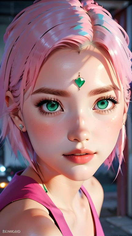 young woman, short shoulder-length pink hair, wide forehead, porcelain skin, pink eyebrows, big emerald green eyes, buttoned nose, full lips, heart-shaped face, slender body, small breasts, red tank top, Sakura Haruno , realistic, realism, details, 3d, well detailed
