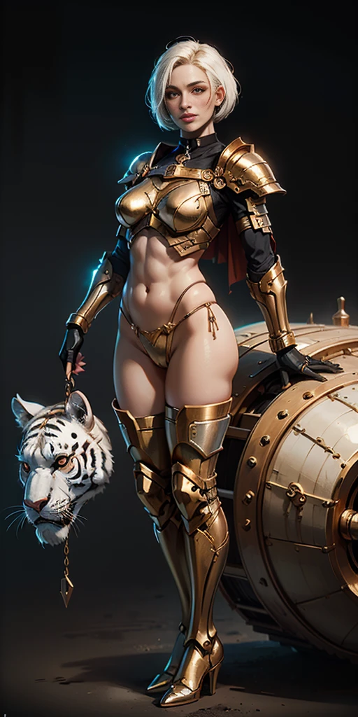 Masterpiece, (flat black background:1.2) solo, detailed face, intricate iris, thick lips, robot girl, (gold and white skin), realistic illustration of a (cyborg girl), (RED eyes), IvoryGoldAI, (freckles),(holding BREATHTAKING:1.2), (gold and white armor:1.2), (looking at viewer:1.2), parted lips, standing straight symmetrical, looking at viewer, lustful smirking smile face red blushed red cheeks, thick thighs, thigh highs, thigh, boots, armor, armored boots, full body armor, bikini armor, big breastplate, pauldron, bracers, leather black choker, tiger claws gloves, short bob white haircut, helmeted, metal shoulders, red long loincloth, longest blue cape reach to the waist, shackles and chains wristbands