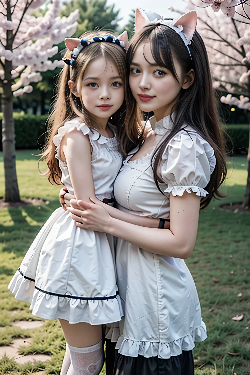 A 20-year-old female maid and a 6-year-old girl, 20-year-old woman wearing traditional maid uniform, The 6-year-old girl is wearing a light blue dress., 6 year old girl wearing ribbon headband, 20 year old woman has big breasts, Beautifully detailed face, A 20-year-old woman has a bun hairstyle, Natural sunlight, A 20-year-old woman is wearing glasses, They are standing under a cherry tree, Professional family photos, 6 year old girl laughing, The two are very natural. The 20-year-old woman is 170cm tall., Anatomically correct body, A 6-year-old girl is 100cm tall, 20 year old woman has purple hair, 20 year old woman hugging, Red lipstick, A 20-year-old woman is wearing a black skirt with frills, Chic pumps, 6-year-old girl has twin tails, 20 year old woman in garter belt and white stockings, They are both smiling., A 20-year-old woman is holding a 6-year-old girl in her arms, 20 year old woman has skirt lift, Draw two faces in detail, The 6-year-old girl is wearing a long skirt, The 6-year-old girl has a very young face., Anatomically correct number of hands, The 6-year-old girl has blonde hair., A 6-year-old girl rests her cheek against the chest of a 20-year-old woman., Anatomically correct leg shaping, The two of them are beneath a magnificent row of cherry blossom trees., 20 year old woman in white panties, The 20-year-old woman is wearing a cat ear headband