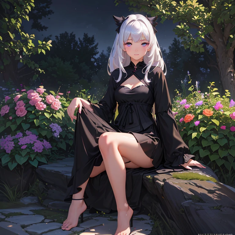 (best quality,4k,8k,highres,masterpiece:1.2),ultra-detailed,(realistic,photorealistic,photo-realistic:1.37),illustration,soft lighting,a girl with white hair,deep purple eyes,glowing eyes,sitting down,barefoot,face blushing,in a garden at night,flowers.Black Silk，Black high heels