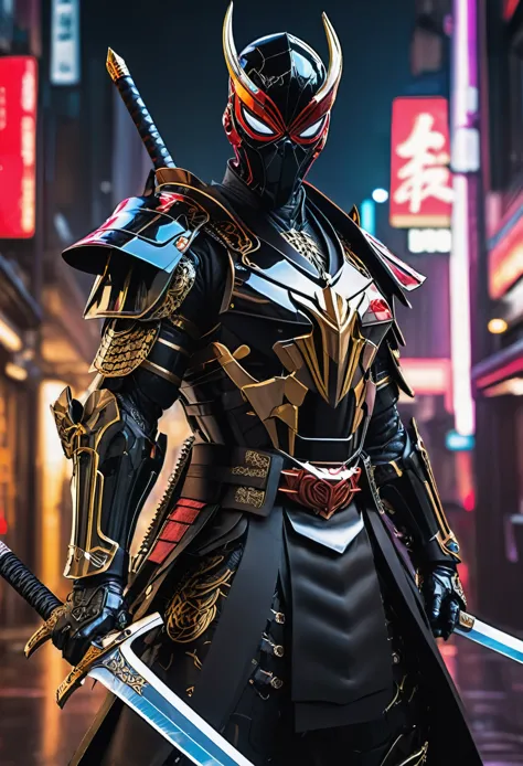 araffe dressed in a black suit holding a sword and a sword, cyborg samurai, cyber japan samurai armor, cyberpunk samurai, very b...