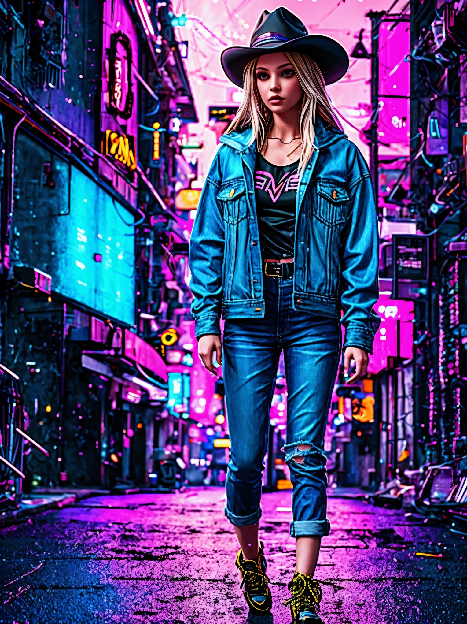 (Representative :1.2), 16k, neon background, Cyberpunk background, Cyberpunk, get off the sports car, Neon lighting effect reflected on the character's body, neon lighting effect, line neon,1 girl, night, blurred background, brown eyes, cowboy, denim jacket, depth of field, hands in pockets, upper body, slanted body, above hips, hat, hoodie, coat, jeans, lips, looking at the viewer, neon, open clothes, open jacket, slightly lifted lips , rainbow, shirt, solo, standing，(Exquisite and perfect demeanor:1.3)，(dream)，(Ultra HD, masterpiece, precise, Anatomically correct, textured skin, High Detail, high quality, The award-winning, 8k)