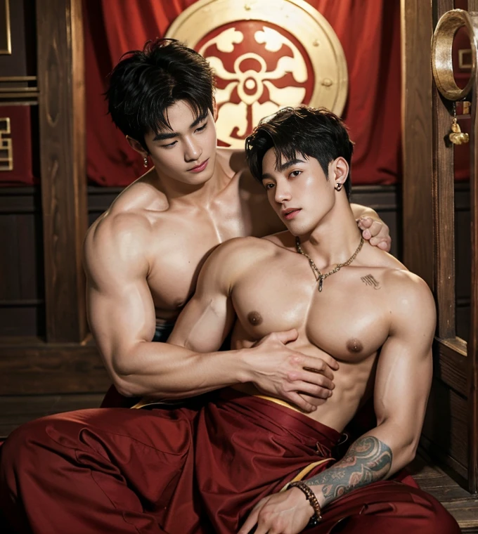 Two handsome boys fucking,have sex, smiling at each other,hugging, kissing, touching lips, cuddle, romantic,skin ship, lift position, penetration, Chinese Men God, Mythology, realistic, Chinese odyssy, super Handsome,manly, kpop idol, handsome korean actor, 20 years old,, detailed face, manly jawline, detailed mess curly styling hair, Topless, Muscles, big breast Athlete body, Full Frame,full body shoots, Sexy, realistic, human skin, tattoo breast, Professional studio Lighting, long red tibet wedding Outfit, jade and golden pendent all over , detailed jewery in dress, earings,,look at camera , open mouth, sexy Underneathe Underwear, tibetan Warrior, ancient Hanfu red long dress, tibetan Male, tibet Nobel, Seduce, Sex Appeals , naked body, tattoo chest, tattoo arms, tattoo hands, tattoo back, tattoo legs ,super big cock, long big dick masturbate,detailed dick and ball, dick in correct shape, big juicy butts, Chinese ancient buddism temple Background,out door background, super detailed background, tibetan decoratation
