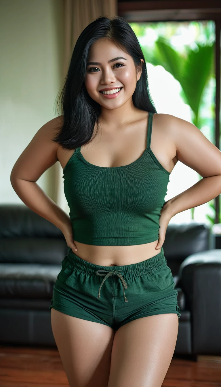 Indonesian Woman, age 20, white glowing skin, clean eyes, a bit chubby, happiness, muscular body, wearing dark green string top crop, dark green shorts, medium wave black hair, barefoot, bedroom scene, seduce pose on CANON 5D Mark IV, 135mm Lens, photoshoot, Depth of Field, intricately detail, hyperrealistic texture, focused, photography, white colour lighting tone.