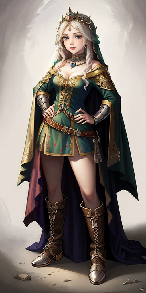 corpo inteiro de uma mulher em um vestido com véu, PÉS JUNTOS, standing PÉS JUNTOS, militar boots, linda fantasia donzela escrava guerreira, lindo retrato de arte de fantasia, arte vitoriana de fantasia, arte de fantasia medieval, linda e elegante rainha Roxxane, retrato da rainha da luz, arte de retrato de fantasia, arte de fantasia gótica, uma linda imperatriz de fantasia, ((fundo branco)) mãos nos quadris