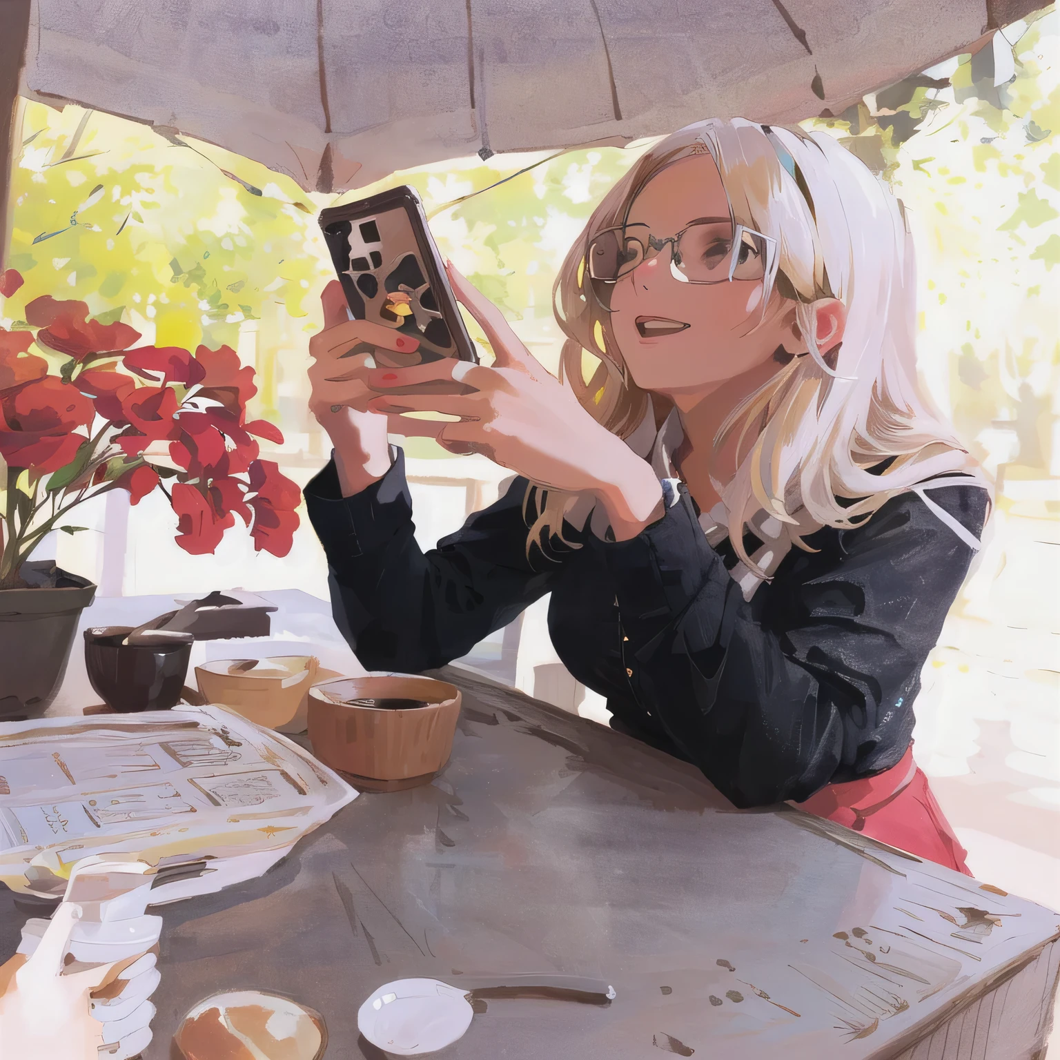 blond woman taking a picture of herself with her cell phone, inspired by Glòria Muñoz, sitting in a cafe, very accurate photo, checking her phone, very very low quality picture, low quality photo, perfect white haired girl, #oc, # oc, belle delphine, low quality photograph, in a coffee shop, checking her cell phone