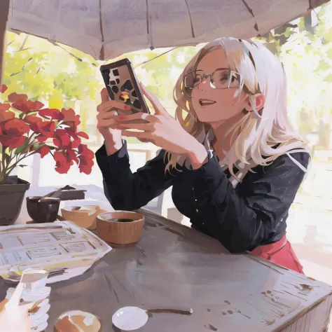 blond woman taking a picture of herself with her cell phone, inspired by glòria muñoz, sitting in a cafe, very accurate photo, c...