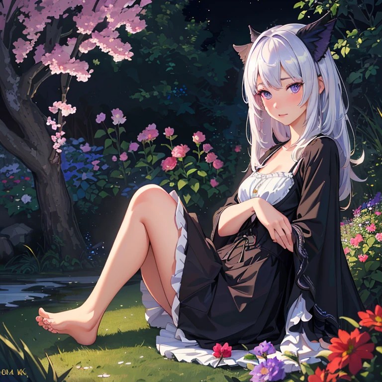 (best quality,4k,8k,highres,masterpiece:1.2),ultra-detailed,(realistic,photorealistic,photo-realistic:1.37),illustration,soft lighting,a girl with white hair,deep purple eyes,glowing eyes,sitting down,barefoot,face blushing,in a garden at night,flowers.