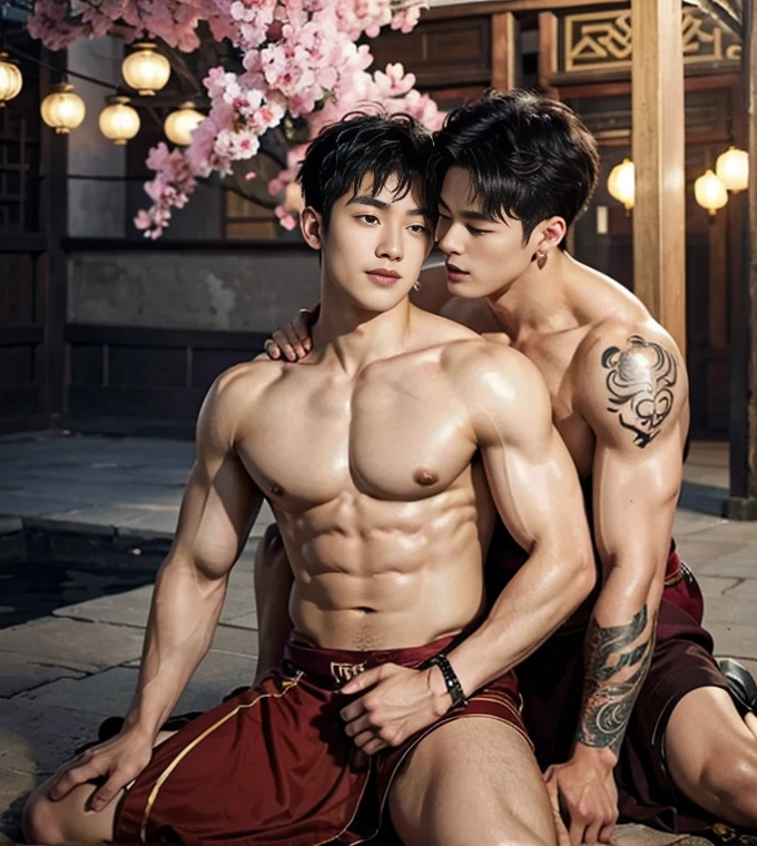 Two handsome boys fucking,have sex, smiling at each other,hugging, kissing, touching lips, cuddle, romantic,skin ship, sexy position, Chinese Men God, Mythology, realistic, Chinese odyssy, super Handsome,manly, kpop idol, handsome korean actor, 20 years old,, detailed face, manly jawline, detailed mess curly styling hair, Topless, Muscles, big breast Athlete body, Full Frame,full body shoots, Sexy, realistic, human skin, tattoo breast, Professional studio Lighting, long red tibet wedding Outfit, jade and golden pendent all over , detailed jewery in dress, earings,,look at camera , open mouth, sexy loincloth Underwear, tibetan Warrior, ancient Hanfu red long dress, tibetan Male, tibet Nobel, Seduce, Sex Appeals , naked body, tattoo chest, tattoo arms, tattoo hands, tattoo back, tattoo legs ,super big cock, long big dick masturbate,detailed dick and ball, dick in correct shape, nice bare butts, Chinese ancient buddism temple Background,out door background, super detailed background, tibetan decorate,