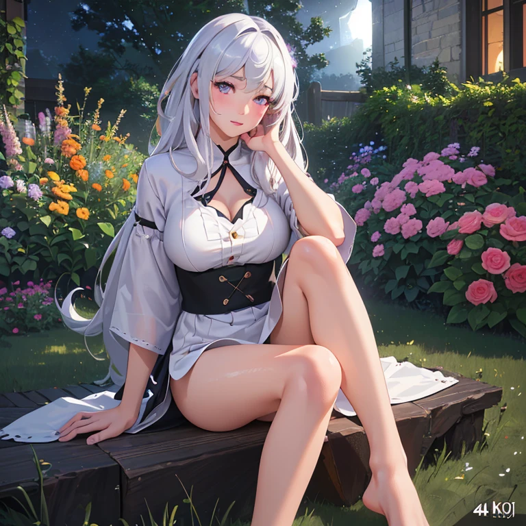 (best quality,4k,8k,highres,masterpiece:1.2),ultra-detailed,(realistic,photorealistic,photo-realistic:1.37),illustration,soft lighting,a girl with white hair,deep purple eyes,glowing eyes,sitting down,barefoot,face blushing,in a garden at night,flowers.