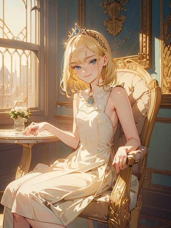 ((( chef-d&#39;œuvre ))) ((( arrière-plan : dans le château : Chambre élégante))) ((( personnage : Elle Fanning : cheveux blonds élégants : petite poitrine : robe de princesse : corps en forme :  : Assis sur une chaise : sourire innocent )))