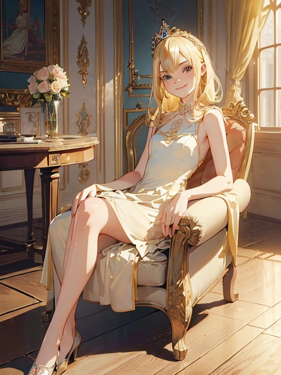 ((( masterpiece ))) ((( background : in s castle : elegant room))) ((( character : Elle Fanning : elegant blonde hair : small breast : princess dress : fit body :  : sitting on a chair : innocent smile )))