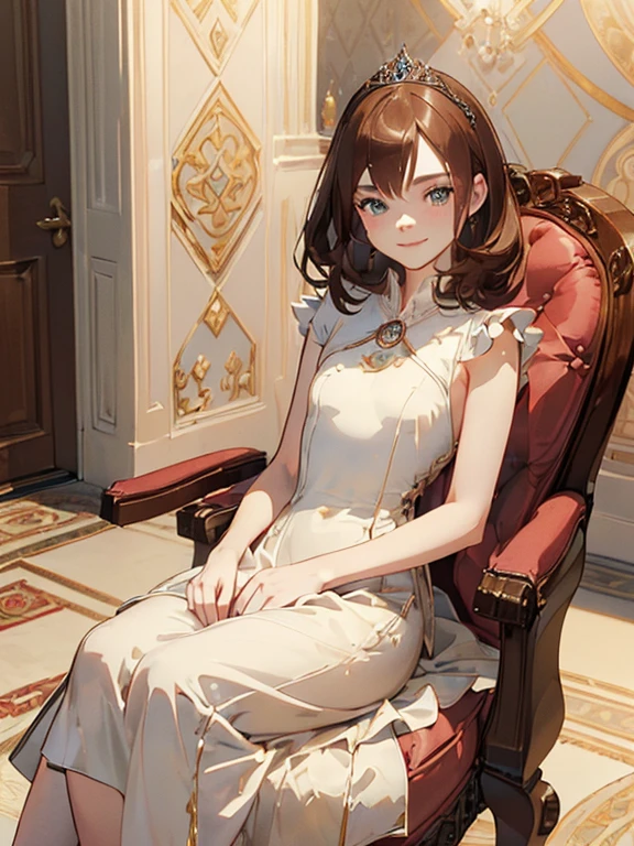 ((( masterpiece ))) ((( background : in s castle : elegant room))) ((( character : Elle Fanning : elegant brown hair : small breast : princess dress : fit body :  : sitting on a chair : innocent smile )))