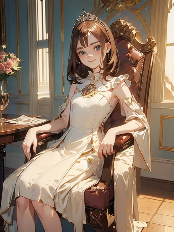 ((( masterpiece ))) ((( background : in s castle : elegant room))) ((( character : Elle Fanning : elegant brown hair : small breast : princess dress : fit body :  : sitting on a chair : innocent smile )))