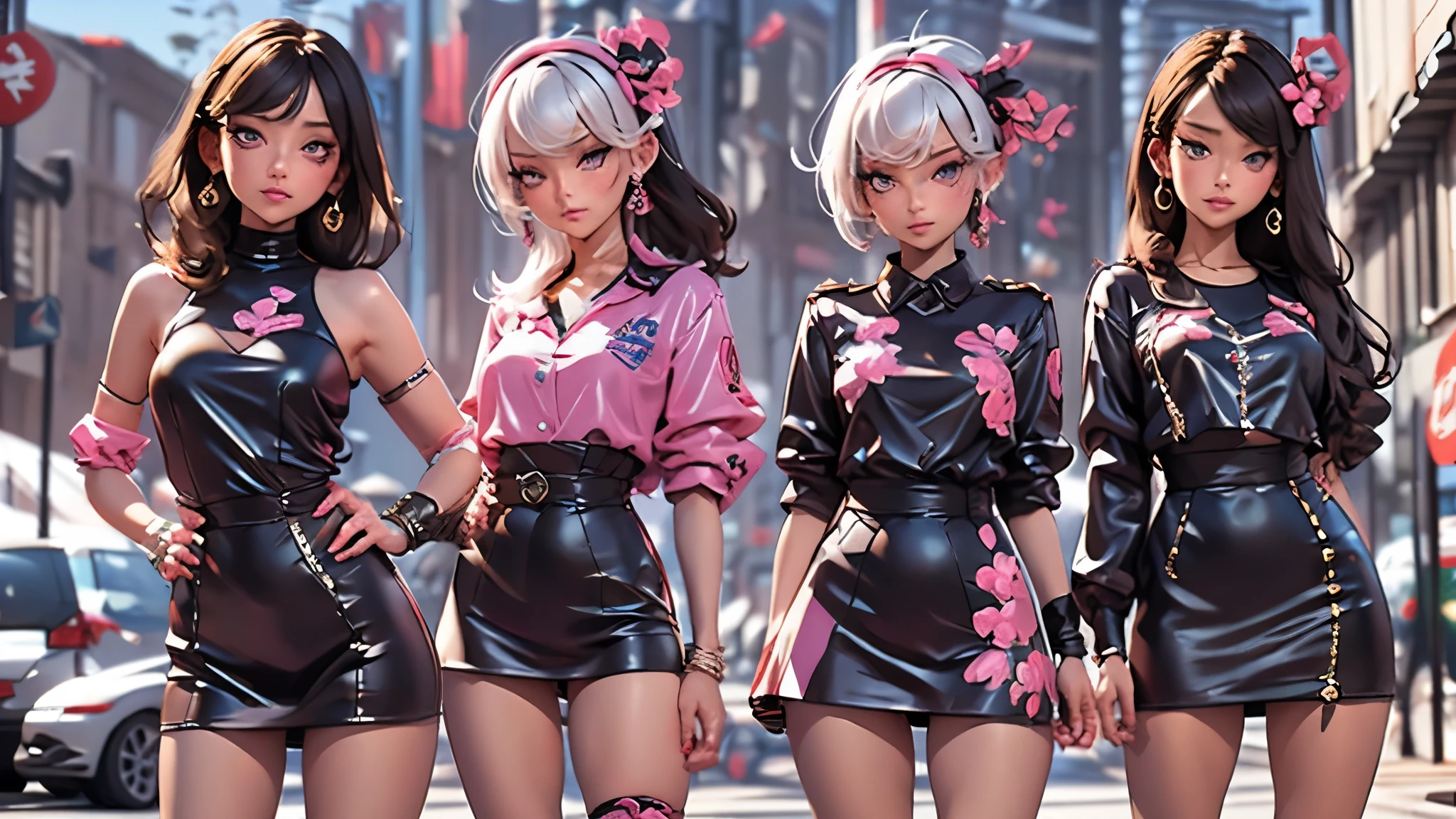 ((We have 4:1.8))、(4 sisters)、gal、(neon street)、(Four tall high school girls with model figures:1.7)、(Standing facing this), (best quality,4k,8k,highres,masterpiece:1.2),ultra-detailed,(realistic,photorealistic,photo-realistic:1.37),portraits,[close up],[women],[group],[short skirts],A close up of a group of women in short skirts, beautiful detailed eyes,beautiful detailed lips,extremely detailed faces,gorgeous makeup,stylish hairstyles,fashionable outfits,sassy poses,confident expressions,city backdrop,vibrant colors,soft lighting,colorful bokeh. ultra-high-quality. ultra detail.
