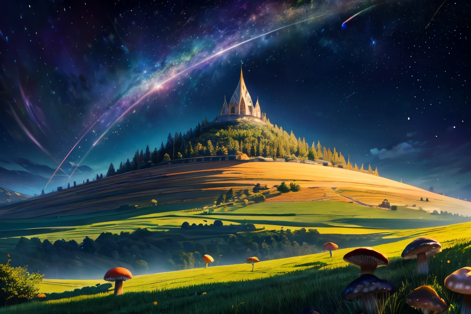 Top quality, star-filled sky, landscape with mushroom-growing hills