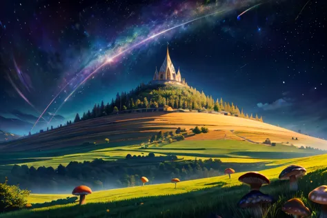 top quality, star-filled sky, landscape with mushroom-growing hills