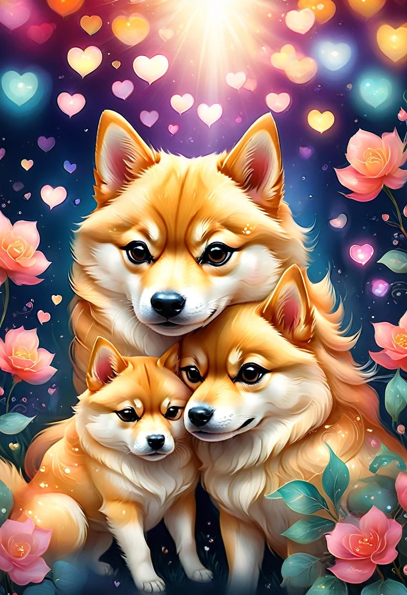 "melhor qualidade, alta resolução, retrato:1.2, realista, Shiba Inu, dois cachorros, olhos detalhados, expressões amorosas, Ilustração de coração, atmosfera romântica mágica, cores vivas, bokeh"