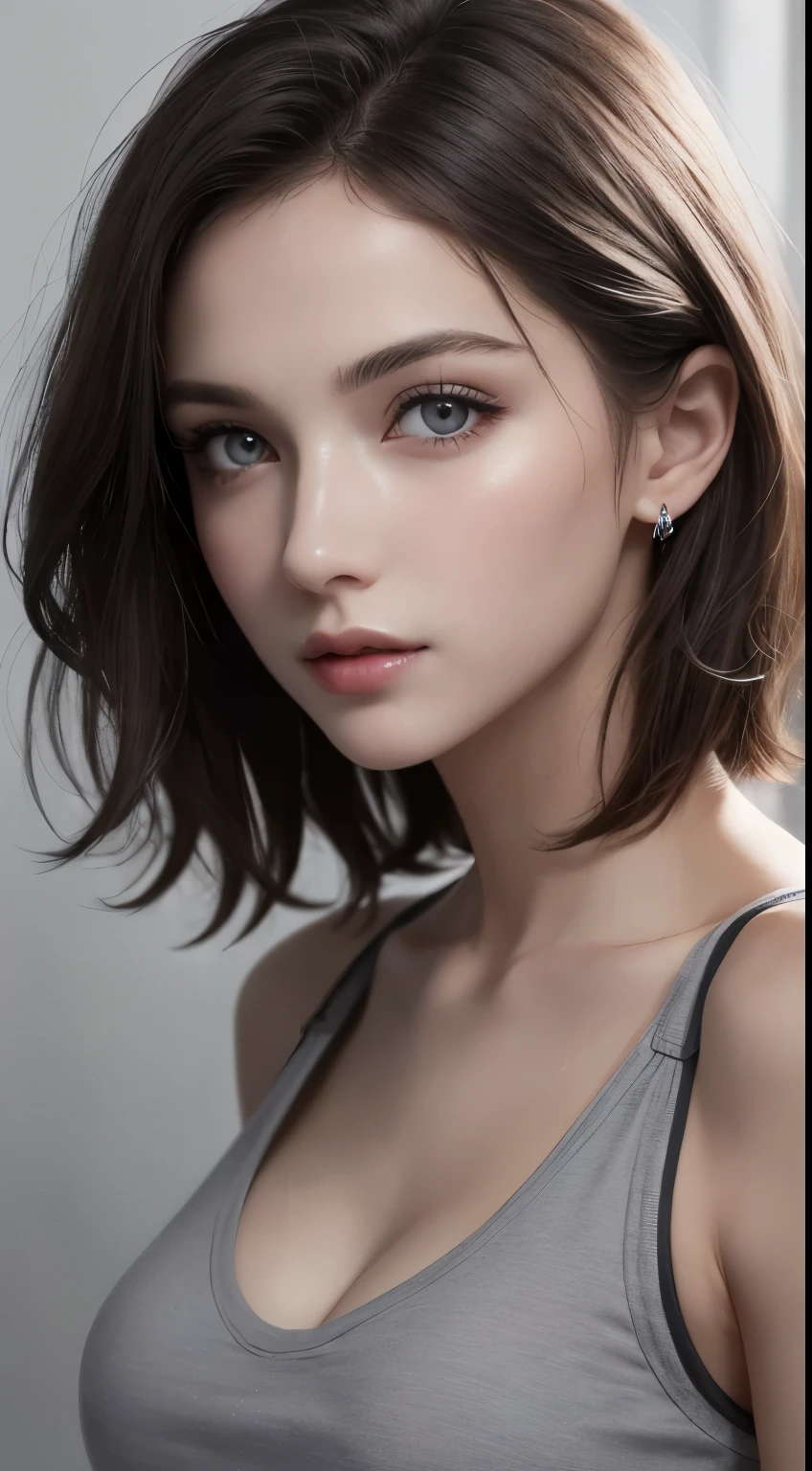 8K uhd、RAWphotograph、モデルphotograph撮影、 European race、(masterpiece、highest quality、Photorealistic、High resolution、photograph:1.3)、Close-up、Focusing、Hot Model、slim、30 year old mature woman、Small face、No makeup、Short Hair、Dark Brown Hair、Fine beautiful eyes、Realスキン、(perfect body)、Sexy hot face、Erotic、Sexual gaze、slim、Sweat top、Detailed beautiful eyes、Glossy lips、Small breasts、Small breasts、Bust B cup、((Bright light、Dynamic lighting、Real、超Real、 realism、Realなディテール、Cool beauty、Cool pose、Background gray、Plain grey background