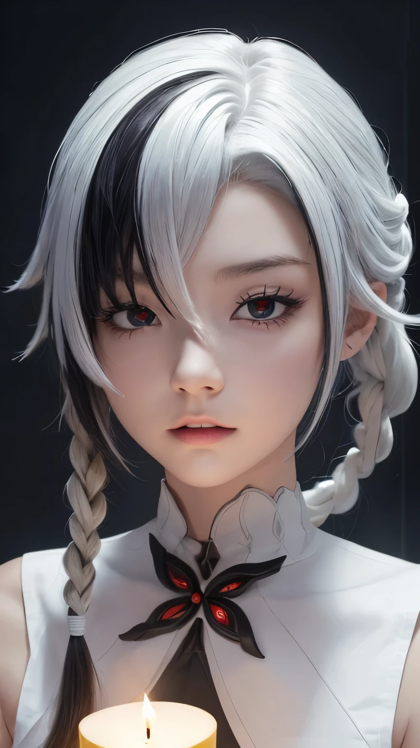 （（Best quality：1.4））、（An unrivalled masterpiece）、（Ultra HD）、（Ultra-realistic 8k CG）、（Half-length image from head to thigh）、（Ultra Detailed）、（Maid）、高度详细的Maid衣服，Half apron，Stunning beauty，White hair，Black Hair，Colorful Hair，short hair，Straight Hair，Long braids（White），Glowing red eyes，Red X pupil（focus），Cold expression，Super huge ，Movie，hapiness，In the Old West House，Candle lighting，Use backlighting to add depth to your images，Anisotropic filtering，Deep field of view，Maximum clarity and clarity，，8 Really small，thickness：0.8，Perfect anatomy，Symmetrical balance，Beautiful gradient，锐利的focus，Golden Ratio，image in center，Beautiful composition，