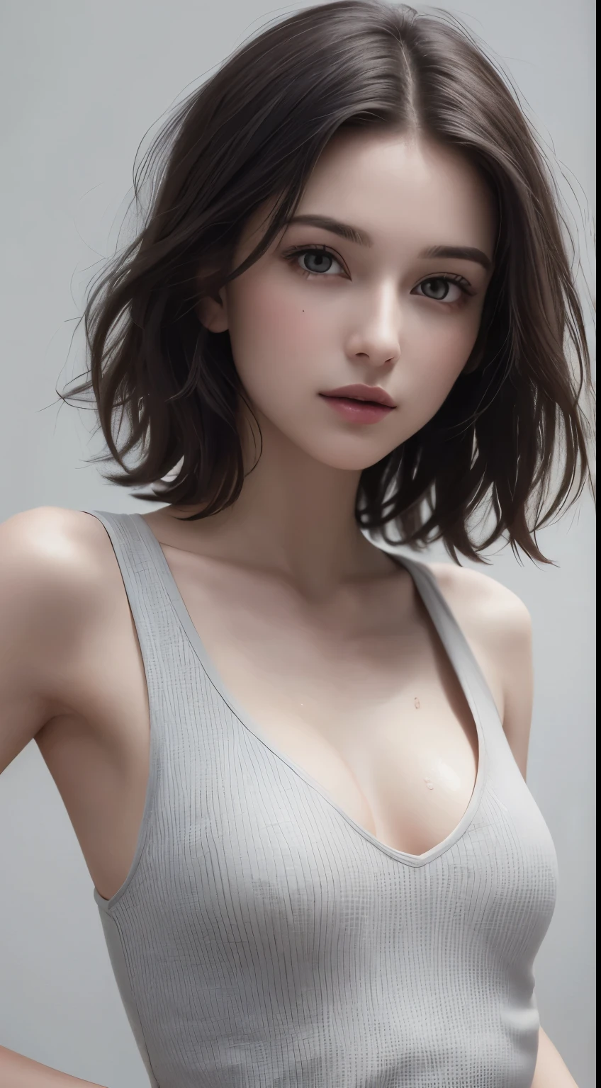 8K uhd、RAWphotograph、モデルphotograph撮影、 European race、(masterpiece、highest quality、Photorealistic、High resolution、photograph:1.3)、Close-up、Focusing、Hot Model、slim、30 year old mature woman、Small face、No makeup、Short Hair、Dark Brown Hair、Fine beautiful eyes、Realスキン、(perfect body)、Sexy hot face、Erotic、Sexual gaze、slim、Sweat top、Detailed beautiful eyes、Glossy lips、Small breasts、Small breasts、Bust B cup、((Bright light、Dynamic lighting、Real、超Real、 realism、Realなディテール、Cool beauty、Cool pose、Background gray、Plain grey background