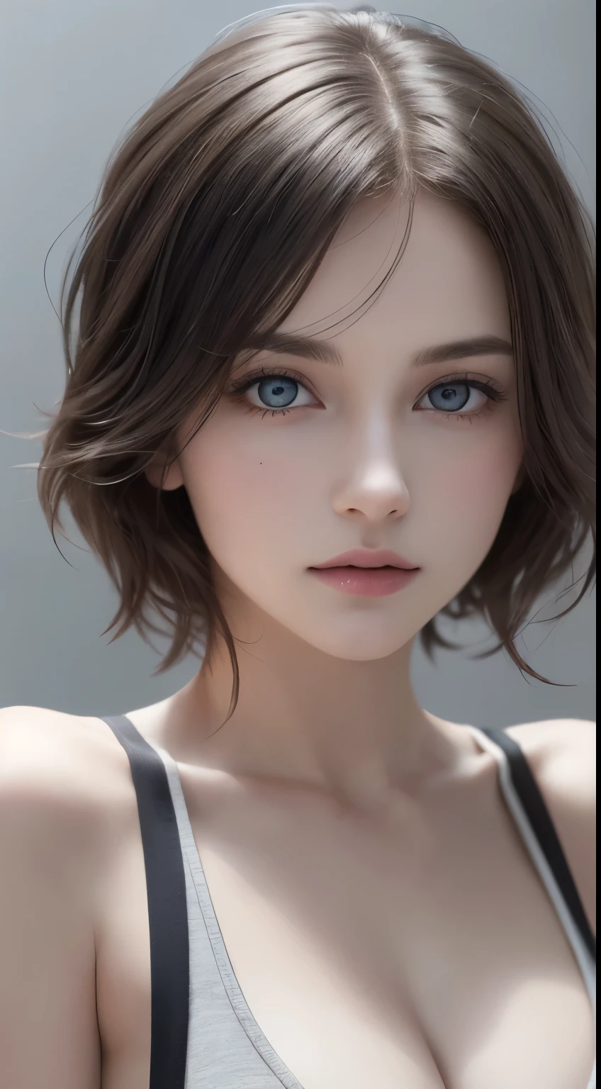 8K uhd、RAWphotograph、モデルphotograph撮影、 European race、(masterpiece、highest quality、Photorealistic、High resolution、photograph:1.3)、Close-up、Focusing、Hot Model、slim、30 year old mature woman、Small face、No makeup、Short Hair、Dark Brown Hair、Fine beautiful eyes、Realスキン、(perfect body)、Sexy hot face、Erotic、Sexual gaze、slim、Sweat top、Detailed beautiful eyes、Glossy lips、Small breasts、Small breasts、Bust B cup、((Bright light、Dynamic lighting、Real、超Real、 realism、Realなディテール、Cool beauty、Cool pose、Background gray、Plain grey background