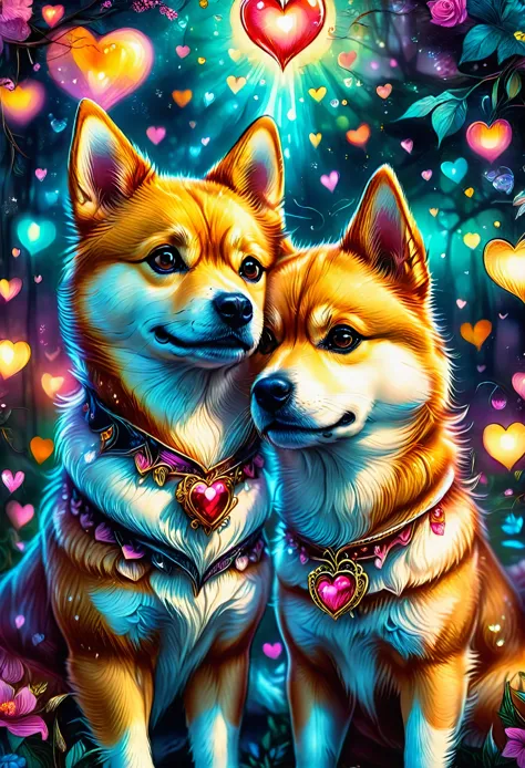 (best quality, highres, portrait:1.2, realistic, Shiba Inu, two dogs, detailed eyes, loving expressions, heart illustration, magical romantic atmosphere, vivid colors, bokeh)